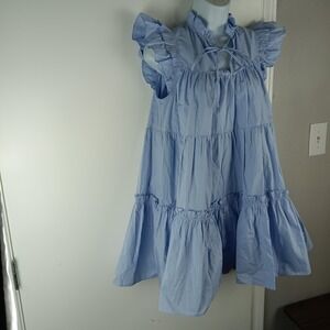 Talulah Dress Womens Small Blue Ruffle Tiered Mini Cotton Babydoll Pockets A1505